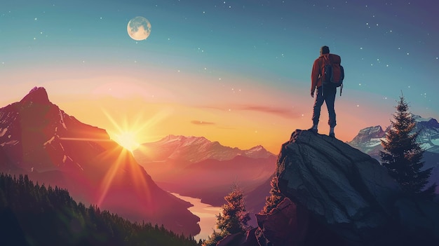arafed man standing on a mountain top looking at the sunset generative ai