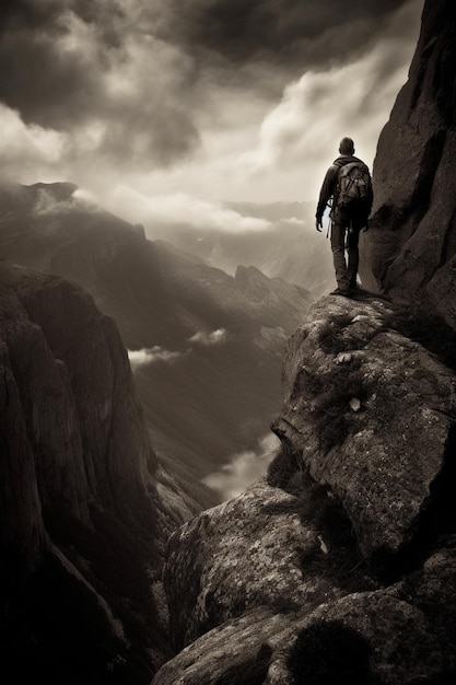 Арафидный человек, стоящий на скале, смотрящий на долину.