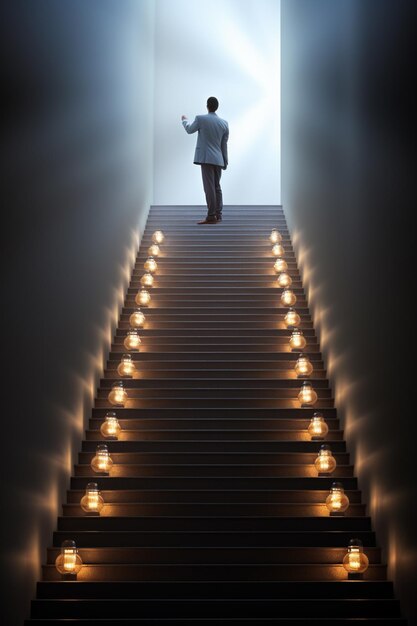 Arafed man standing on a staircase with candles lit up ai generative