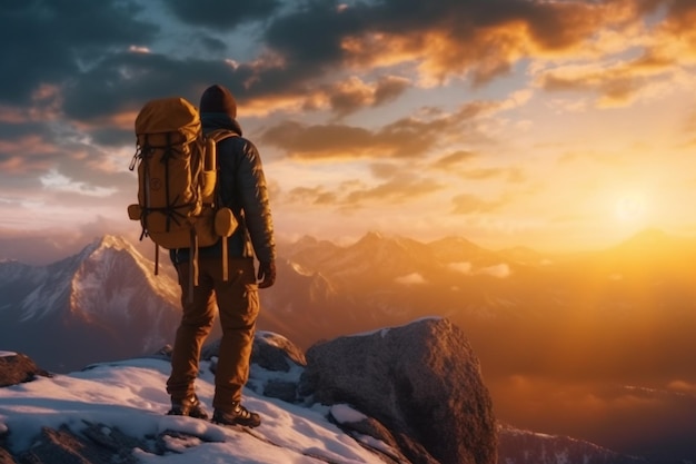 Photo arafed man standing on top of a mountain with a backpack generative ai