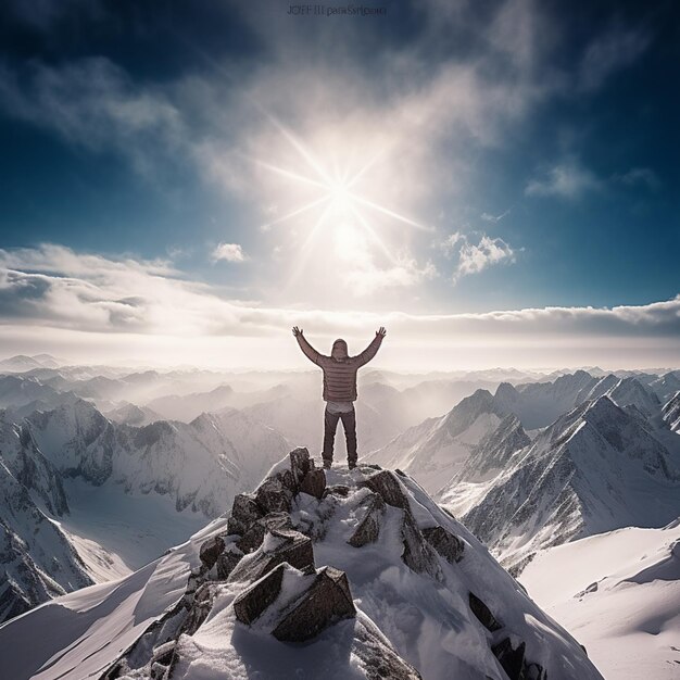 Foto uomo arrafed in piedi in cima a una montagna con le braccia alzate generativo ai