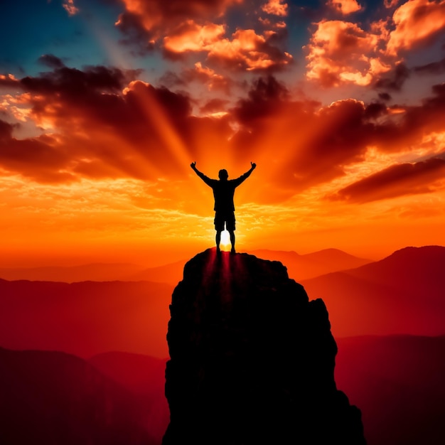 Arafed man standing on top of a mountain with his arms raised generative ai