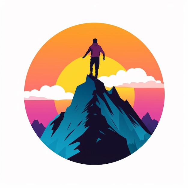 Photo arafed man standing on top of a mountain with a sunset in the background generative ai