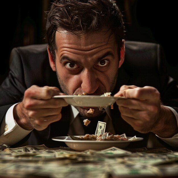 Photo arafed man in a suit eating a plate of food with money generative ai