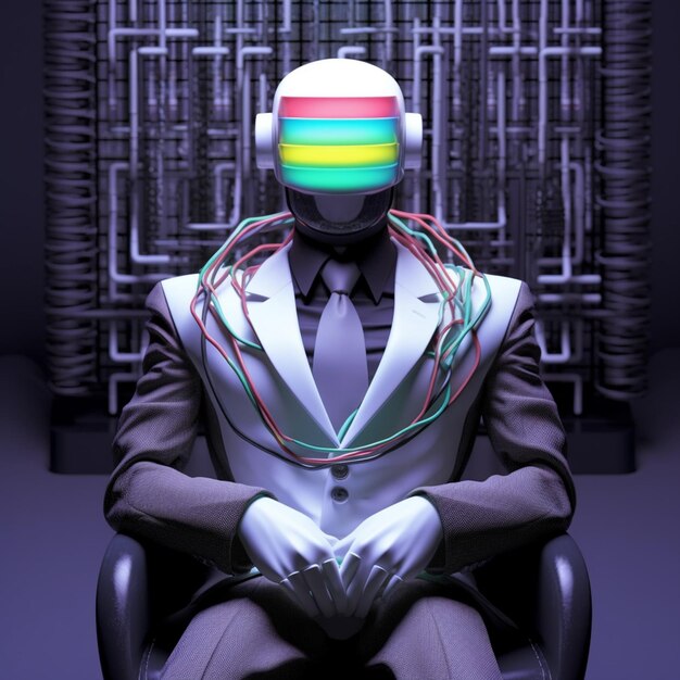 Foto uomo armato in abito seduto su una sedia con un monitor per computer sulla testa ai generativo