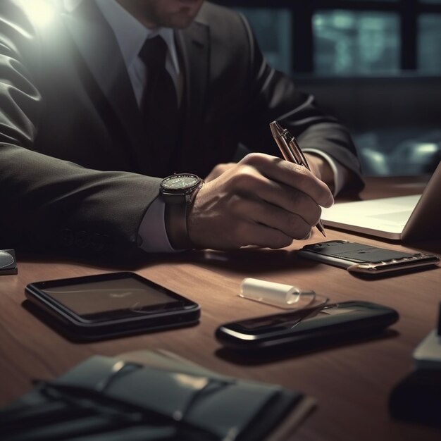 arafed man in a suit writing on a notepad at a desk generative ai