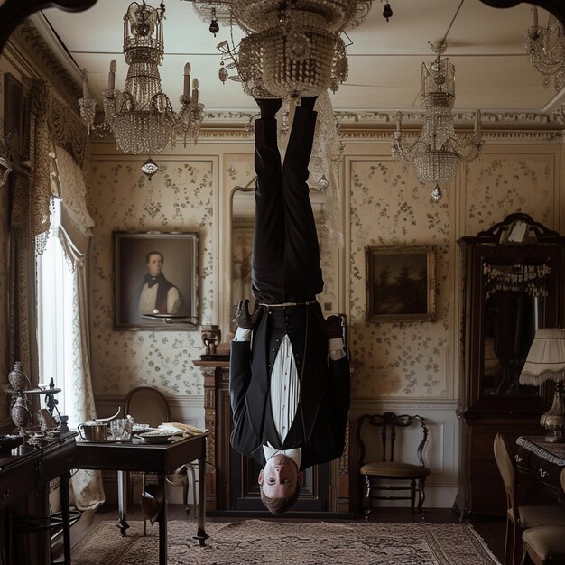 Photo arafed man upside down in a room with a chandelier and a table generative ai