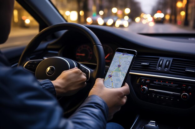 Photo arafed man using a cell phone while driving a car generative ai