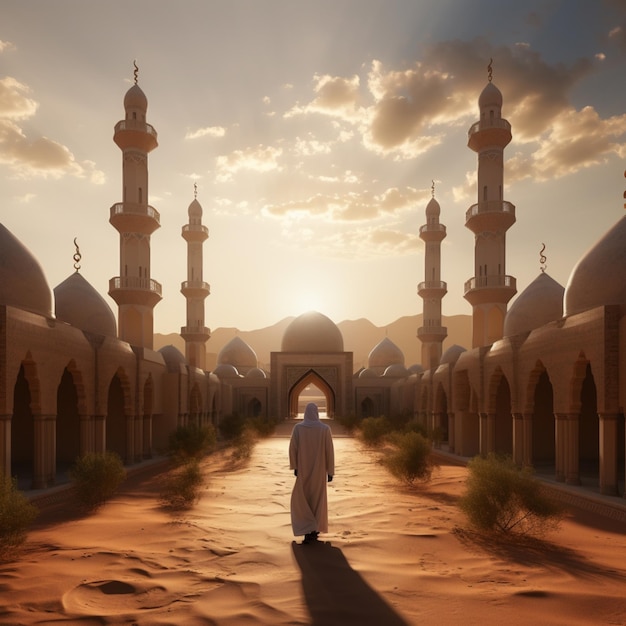 arafed man walking in a desert area with a mosque in the background generative ai