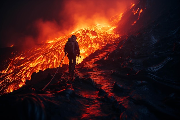 Arafed man walking up a mountain with a backpack and a rope generative ai