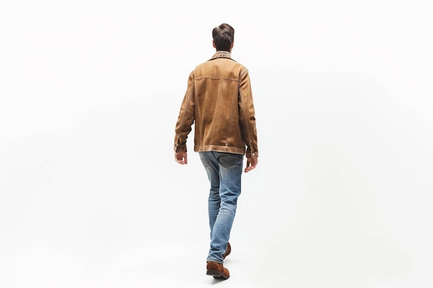 arafed man walking in a white room with a brown jacket generative ai