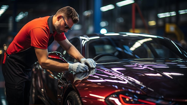 arafed man waxing a car in a garage with a sponge Generative AI