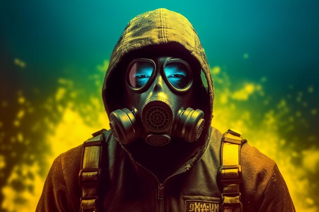 Arafed man wearing a gas mask and goggles in front of a yellow background generative ai