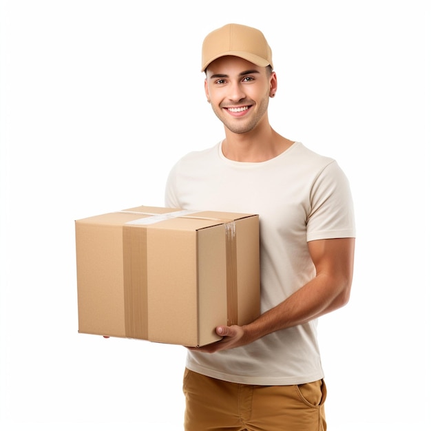 Arafed Man In A White Shirt And Cap Holding A Box