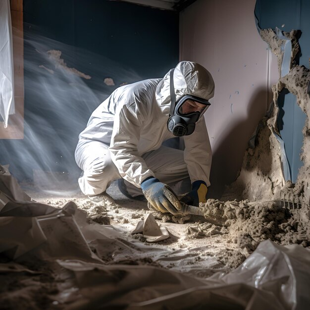 Foto uomo arazzato in tuta bianca e maschera antigas che lavora su un pezzo di legno ai generativa