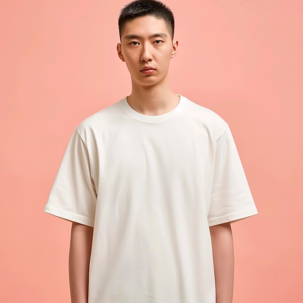 Photo arafed man in a white t shirt standing against a pink background pink tshirt mockup