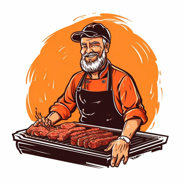 Foto uomo con barba e grembiule che prepara bistecche su una griglia ai generativa