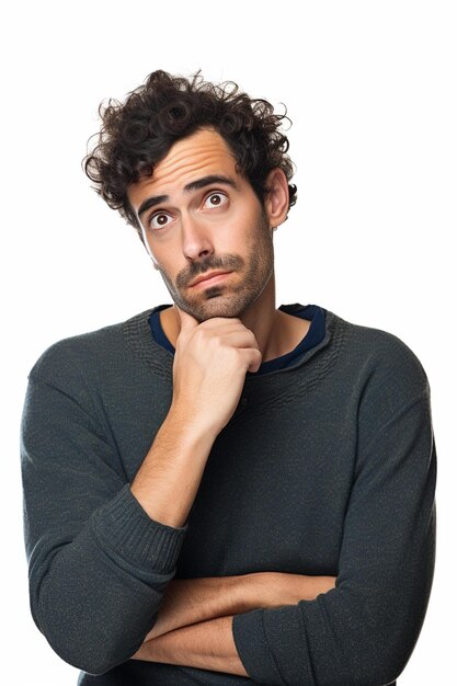 Foto uomo affilato con i capelli ricci e la barba che posa per una foto