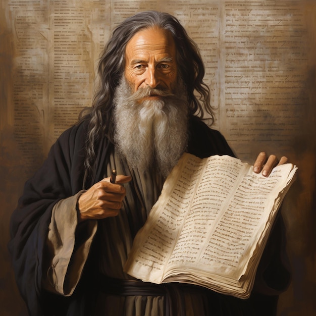 arafed man with long hair and beard holding a book generative ai