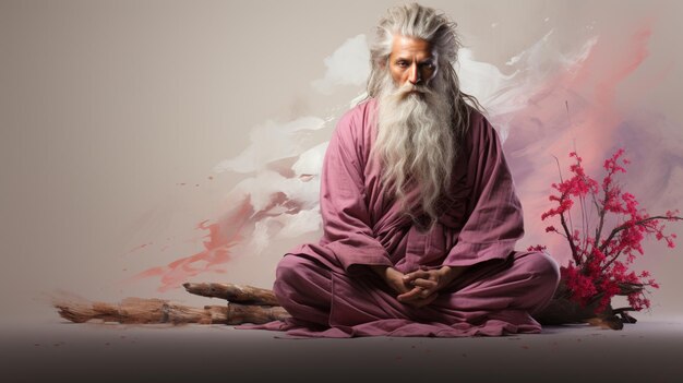 arafed man with long white hair and a beard sitting on a floor generative ai