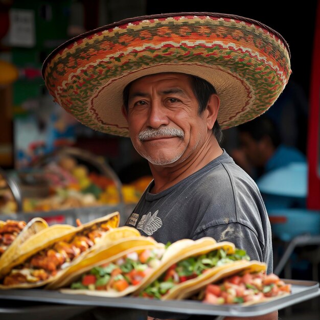 Foto uomo arruffato con un cappello sombro che tiene un vassoio di tacos