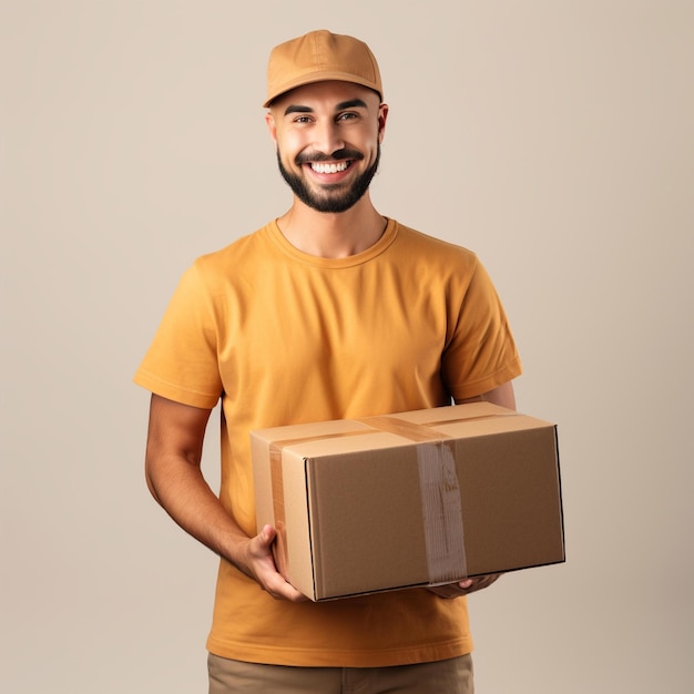 Arafed Man In A Yellow Shirt Holding A Cardboard Box