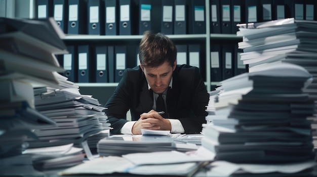 Arafed man zit aan een bureau met een heleboel papieren generatieve ai