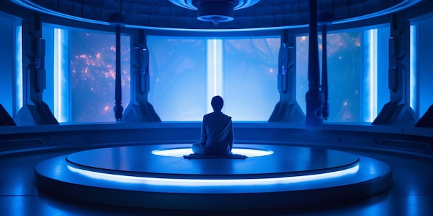 Arafed man zit in een futuristische kamer met een blauw licht generatieve ai