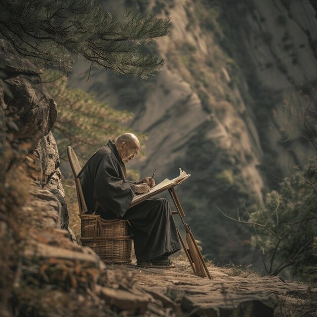 Foto arafed man zit op een stoel schrijven in een boek generatieve ai