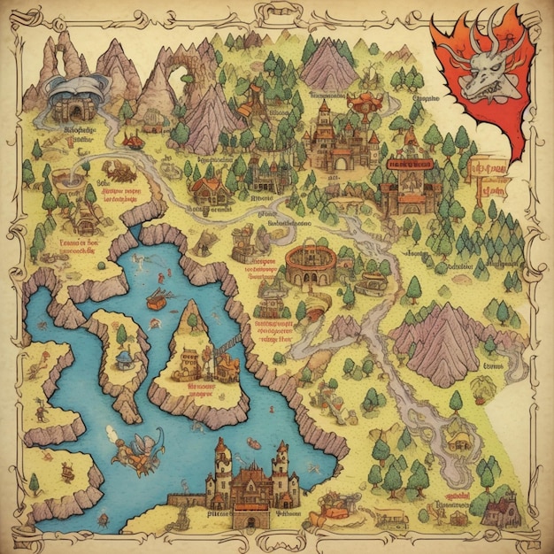 Photo arafed map of a fantasy world with a dragon and a castle generative ai