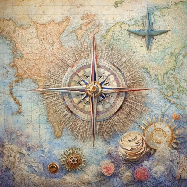 Арафед карта с компасом и ракушками на ней генеративный ай