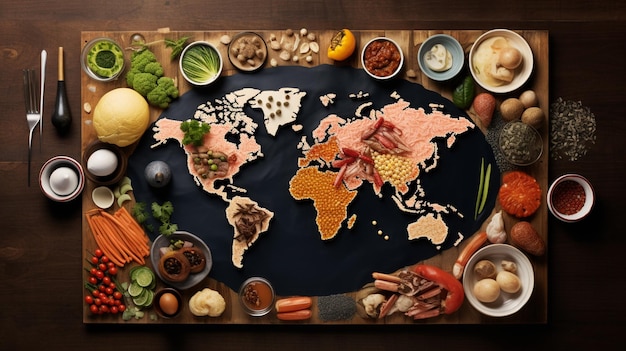 Foto mappa raffigurata del mondo circondato da ortaggi e frutta generativa ai