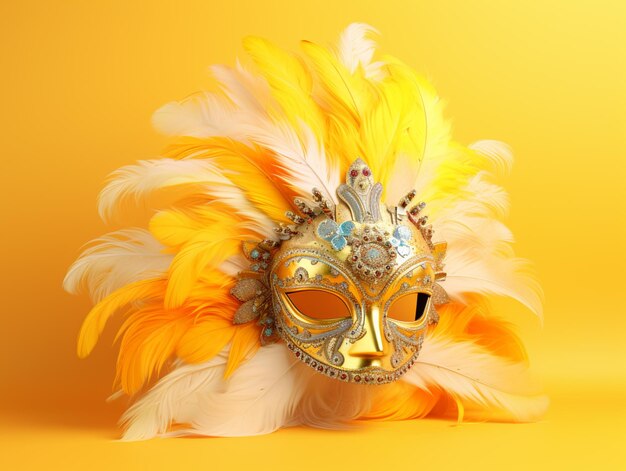 Arafed mask with feathers on a yellow background generative ai