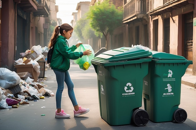 Arafed meisje gooit vuilnis in een groene vuilnisbak generatieve ai