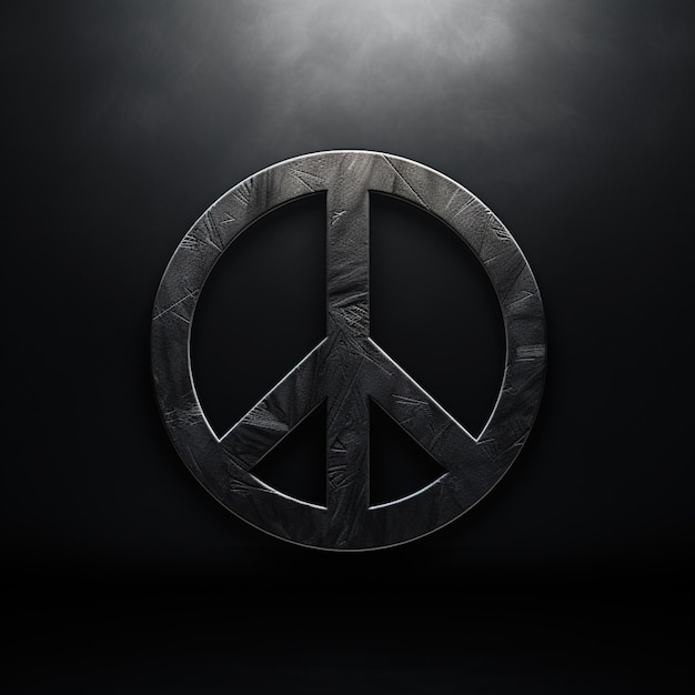 arafed metal peace sign on a black background with a light generative ai