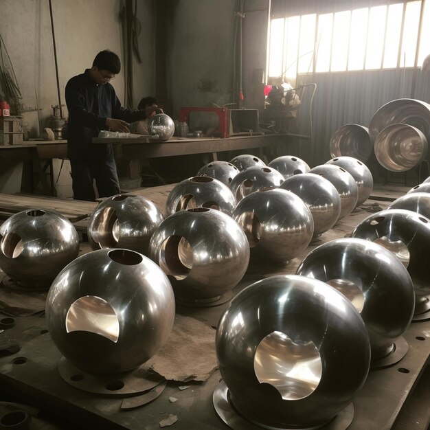 Arafed metalen ballen zitten op een tafel in een workshop generatieve ai