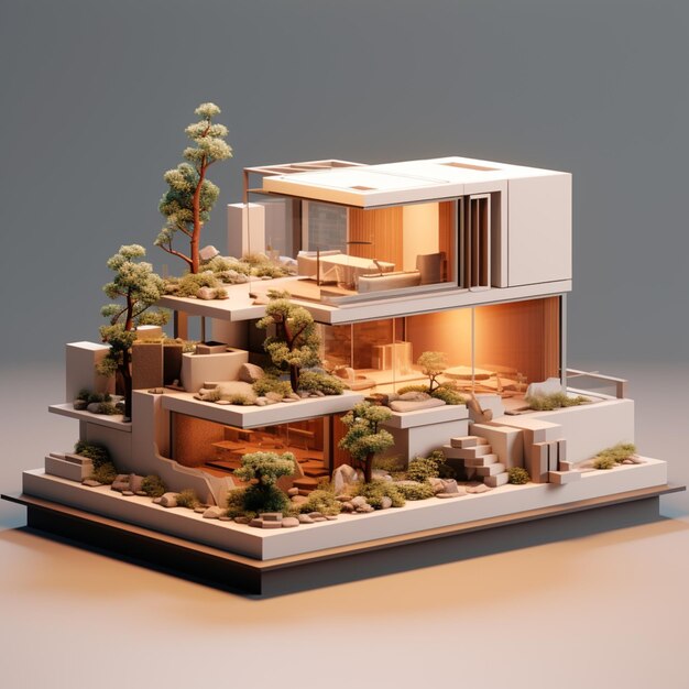 Модель дома с большим количеством окон и деревьев