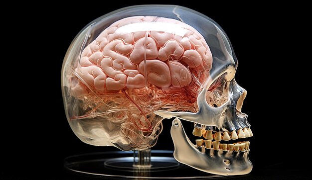 Photo arafed model of a human skull with a brain in a clear glass case generative ai