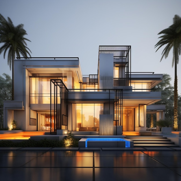 arafed modern house with a pool and palm trees at dusk generative ai