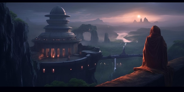 Arafed monk overlooking a mountain landscape with a river and a pagoda generative ai