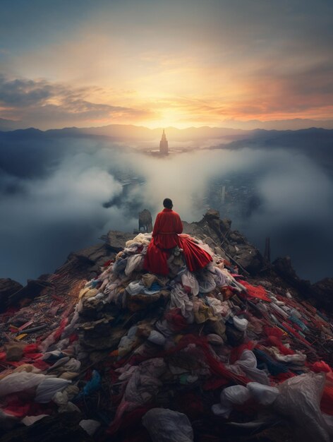 쓰레기 산 꼭대기에 앉아있는 아라페드 승려