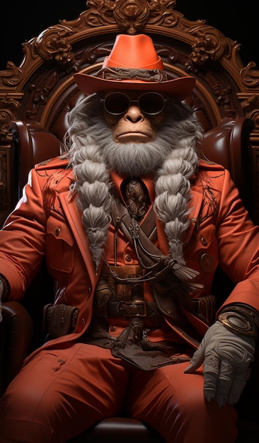 arafed monkey dressed in a red suit and hat sitting in a chair generative ai