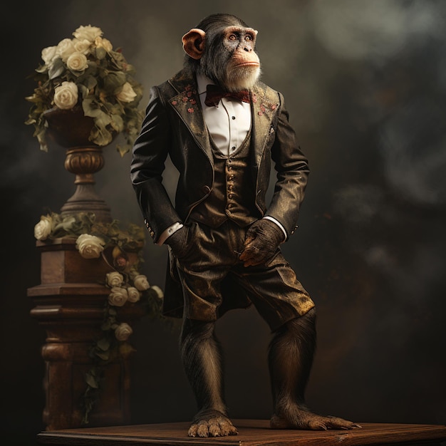 arafed monkey dressed in a tuxedo and bow tie standing on a table generative ai