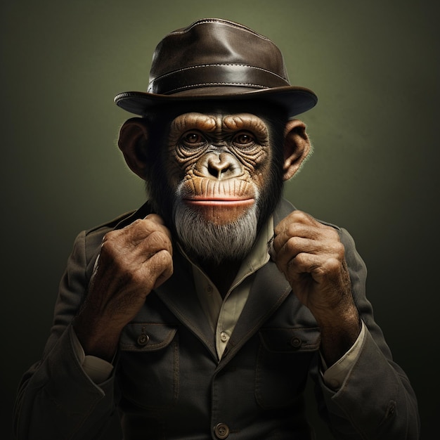 Arafed monkey in a hat and jacket with a fist generative ai