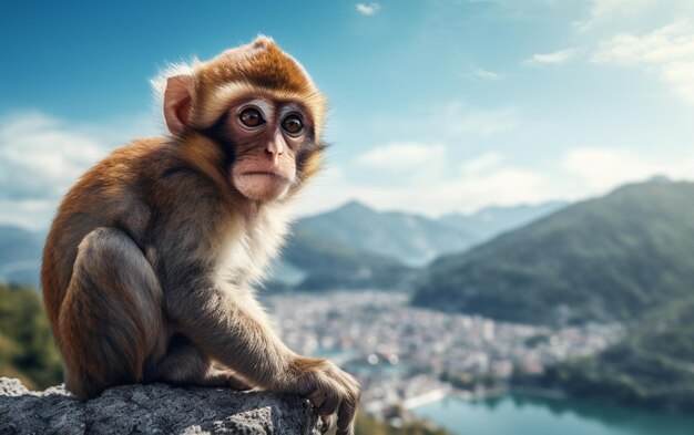 Arafed monkey sitting on a rock looking at the camera generative ai