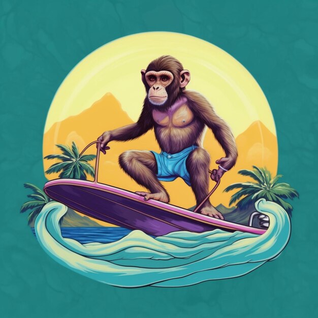 Arafed monkey on a surfboard in the ocean with palm trees generative ai