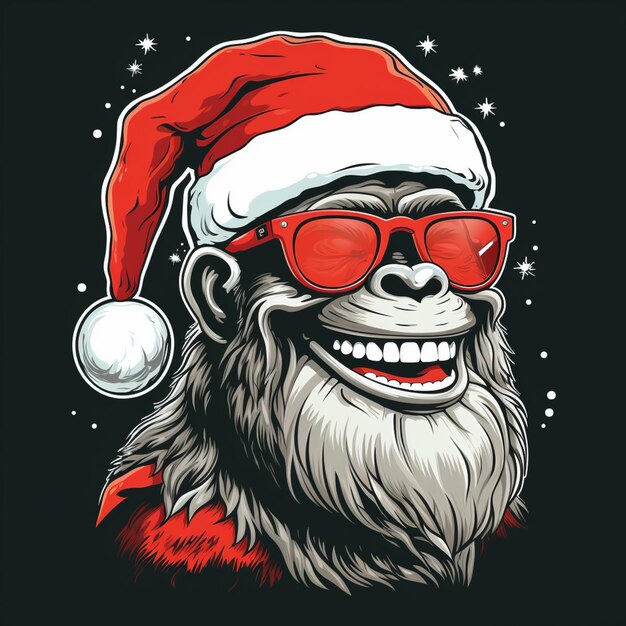 arafed monkey wearing sunglasses and a santa hat with a red eye generative ai