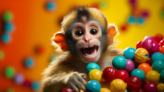Arafed monkey with mouth open standing in front of a pile of colorful balls generative ai