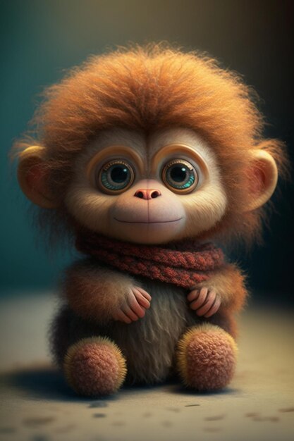 Arafed monkey with a scarf and big eyes sitting on a table generative ai