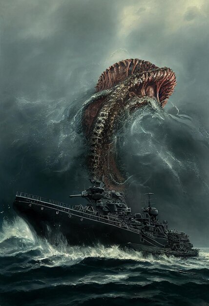 Arafed monster attacking a ship in a stormy sea generative ai